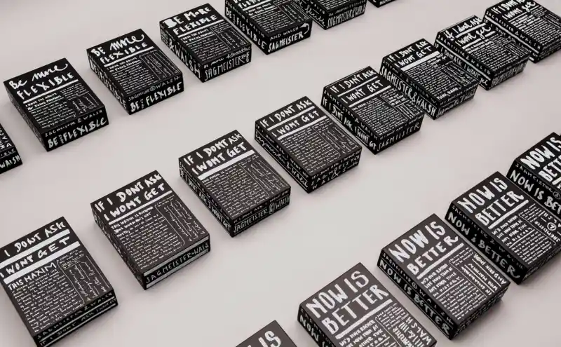 Stefan Sargmeister/ Happy Show/ Limited edition packaging (editions of 10) for 3 of our most recent typographic films currently shown as part of the traveling exhibition "The Happy Show". Each box contains an earthenware USB drive (specific to each film), a blu-ray disc and a certificate of authenticity. All boxes were individually written on by Stefan Sagmeister.