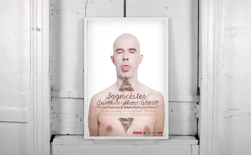 Stefan Sargmeister/ 2011/2012: Promotional poster for "Another Show about Promotion and Advertising Materials", at Les Arts Décoratifs in Paris, France. The Sagmeister team (Stefan Sagmeister, Jessica Walsh, Michael Friemuth & Philip Hubert) shaved their heads and used the hair to create the typography for the poster. Art Direction: Stefan Sagmeister/ Design: Jessica Walsh/ Photography: Henry Hargreaves/ Makeup: Anastasia Durasaova/ Hair: Kerry Howley